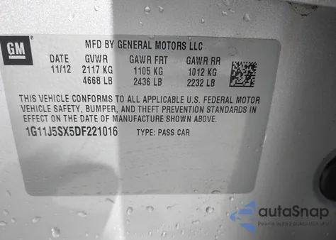 2013 Chevrolet Malibu 2Lz from USA, damaged, VIN 1G11J5SX5DF221016